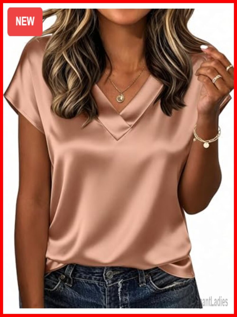Satin V Neck Short Sleeve Blouse Business Casual Top